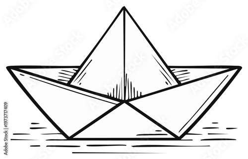 Paper boat simple line drawing floating in water single object illustration sketch