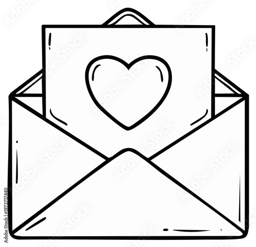 Hand drawn open envelope with heart shaped card inside simple doodle style