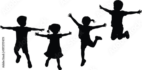 Children jumping silhouettes, playful youth illustration, joyful kids activity, energetic childhood design, happy movement art, abstract black figures, fun expressive artwork, dynamic poses