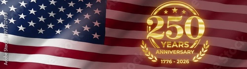 Ultrawide Patriotic celebration background with glowing golden 250 symbol and stars on the American flag, representing the United States semiquincentennial