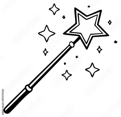 Whimsical magic wand with a star casting enchanting sparkles in a hand drawn style illustration