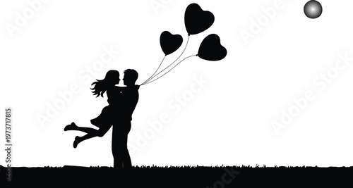 Romantic couple silhouette, love balloons scene, affectionate moment outdoors, black shadow artwork, emotional design, heart symbol concept, romantic lifestyle illustration