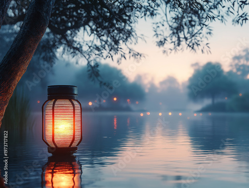 Tranquil Lantern Floating on a Peaceful Lake at Twilight