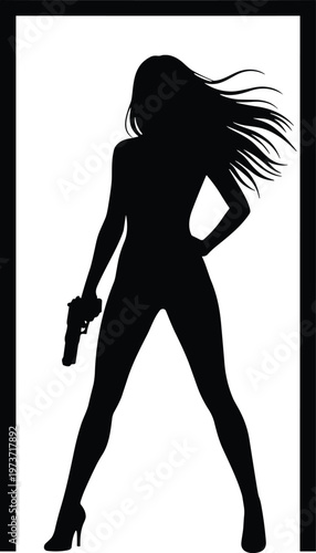 Sleek female spy silhouette with gun, high heels, and long flowing hair, standing in a confident, powerful pose, framed in a doorway, conceptual illustration of action and espionage