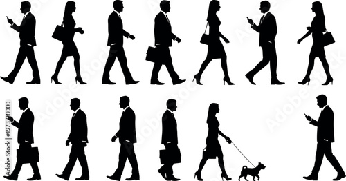 Professional Business People Silhouettes Walking Carrying Briefcases Using Phones and Walking a Small Dog on a Leash Against White Background