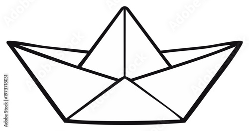 Simple Line Drawing of Paper Boat Origami Icon on Plain White Background