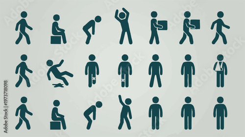 Variety of human pictogram stick figures depicting different actions