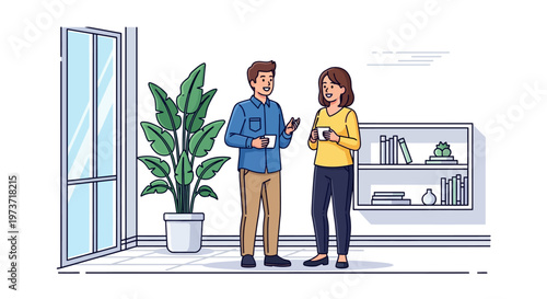 Smiling Coworkers Chatting in Modern Breakroom