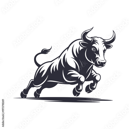 Tableau sur toile A powerful black bull in a dynamic pose, leaping forward with aggression and strength, isolated on transparent background