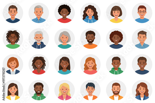 Diverse avatars of smiling people collection featuring men and women of various ethnicities and ages | Vector flat illustration character headshots