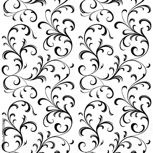 Elegant black swirling vines pattern with graceful curves and leaves on transparent background for decorative textile and paper.