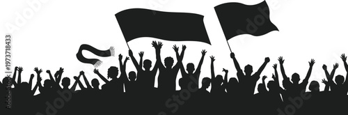 Crowd silhouette, cheering fans, waving flags, protest rally, unity celebration, public gathering, energetic supporters, demonstration crowd, sports fans, collective enthusiasm