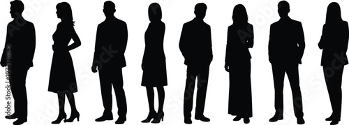 Business silhouette illustration of standing people, teamwork concept, corporate identity artwork, professional group design, workplace diversity, minimal black style