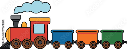 Cartoon train illustration with colorful locomotive and boxcars, playful design, children’s artwork, transportation concept, railway vehicle, bright geometric shapes