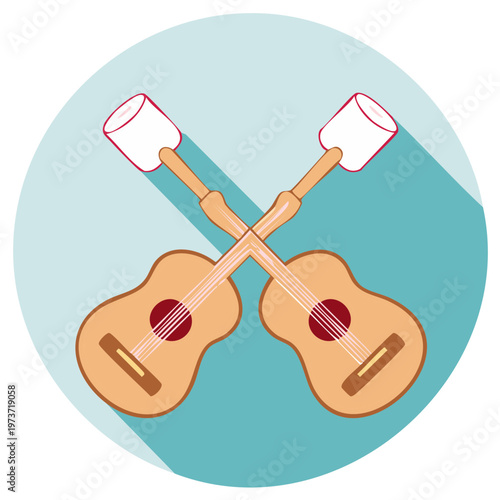 Crossed Guitars and Marshmallow Sticks Illustration on Blue Circle