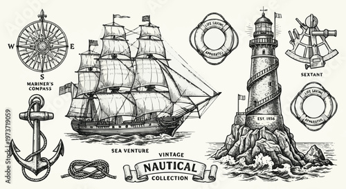 Isolated on Vintage nautical engraving set with ship and lighthouse vector art on white background