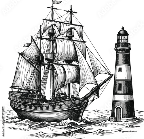 Isolated on Vintage nautical engraving set with ship and lighthouse vector art on white background