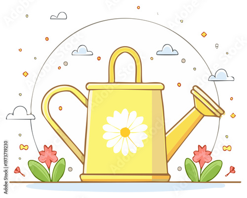 Whimsical yellow watering can with a daisy design surrounded by blooming flowers and clouds