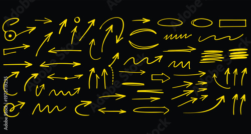 A vibrant collection of golden arrows and lines on a black background showcasing diverse directional cues