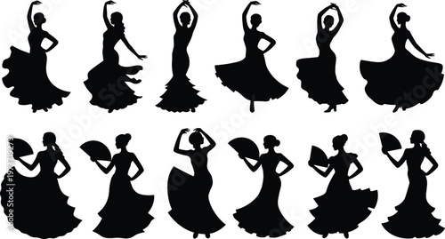 Flamenco dance silhouettes, Spanish traditional dancers, cultural performance, expressive movement, fan dance, posture illustration, rhythm, elegance, heritage art, costume design