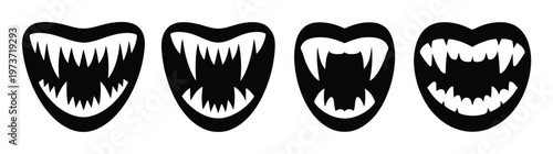 Four Black Silhouettes of Fanged Mouths with Sharp Teeth