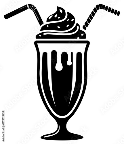 Black silhouette of a decadent milkshake with whipped cream and two striped straws
