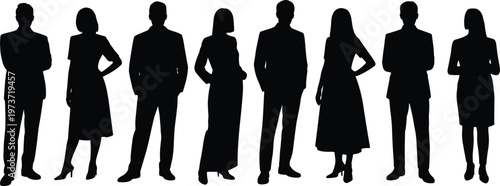 Human silhouette illustration in formal attire, standing postures, business concept, teamwork unity, professional group artwork, minimal black design style