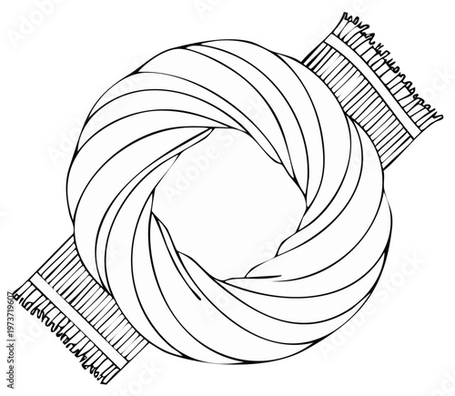 Abstract illustration of a woven turban design, with intricate line art and knotted detail