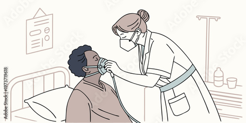 Nurse in protective mask assists a male patient with an oxygen mask in a hospital bed.