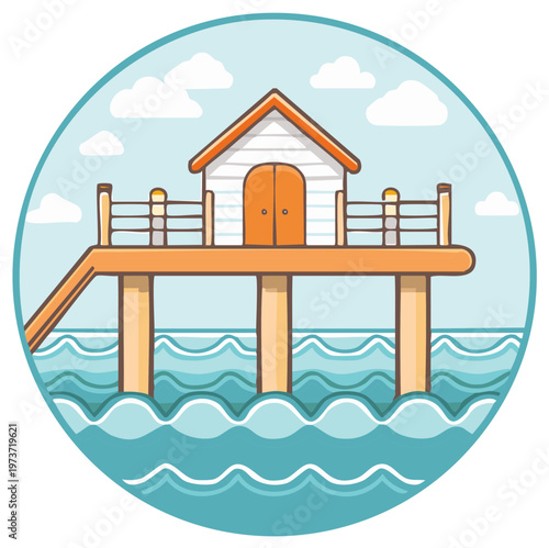 Charming cartoon house on stilts over blue ocean with clouds in a peaceful seaside illustration