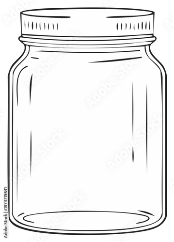 Empty Glass Mason Jar with Lid Simple Black and White Line Art Vector Illustration