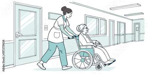 nurse pushing an elderly woman in a wheelchair through a hospital corridor