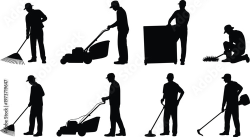 Landscaping silhouette illustration with gardening tools, yard maintenance artwork, outdoor labor design, lawn care concept, black worker icons, minimal style