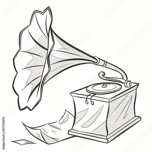 A black and white illustration of a vintage gramophone with a horn