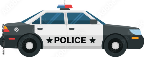 Cartoon police car illustration, law enforcement vehicle artwork, black and white patrol car design, public safety concept, emergency transport drawing
