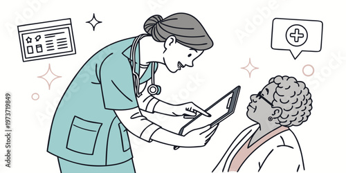 A female doctor in green scrubs showing a digital tablet to an elderly patient in a hospital setting.