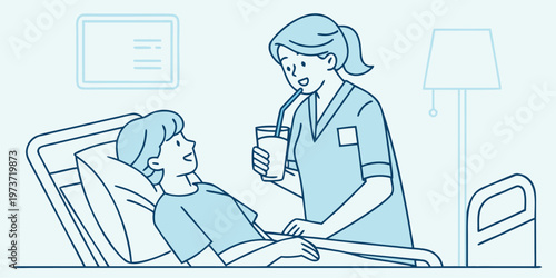 A caring nurse helps a patient in a hospital bed drink water through a straw, showing attentive care.