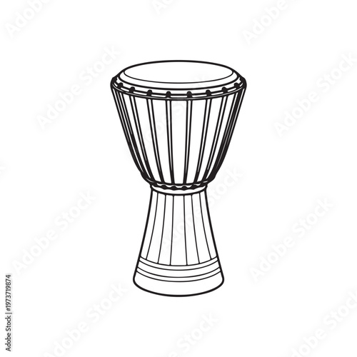 A black line drawing of a djembe drum on a white background