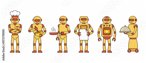 Robot Chef Set Cooking Professional Kitchen Tasks, Cute Android Characters Preparing Food with Whisk, Frying Pan and Oven, Isolated Flat Vector Illustration for Restaurant Service and Automation Conce