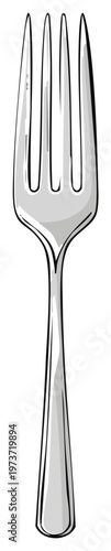 Hand drawn style illustration of a shiny silver metal dinner fork utensil