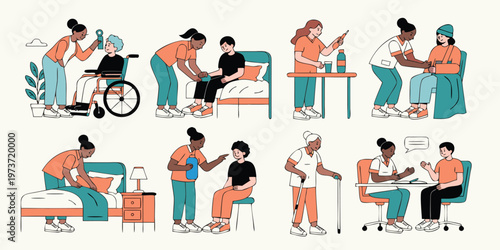 Healthcare workers assist patients with mobility, daily tasks, and consultations in various settings.