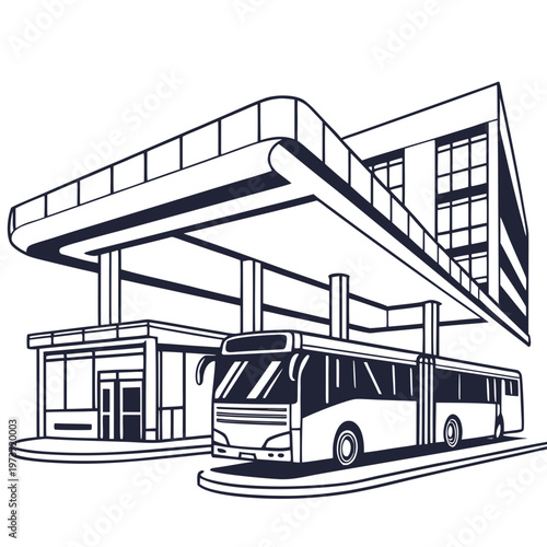 Vector illustration of a bus parked at a modern bus station with a large canopy overhead