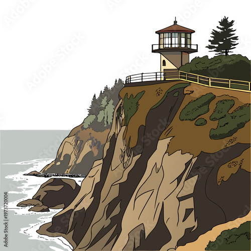 Illustration of a scenic coastal lighthouse on a rocky cliffside with trees and a railing