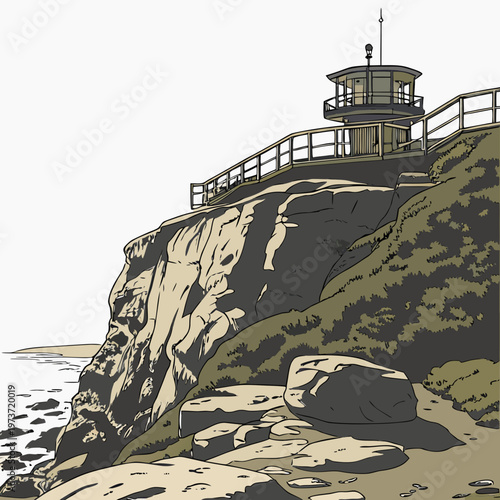 Illustration of a scenic cliffside lighthouse with a railing and a rocky shoreline by the ocean