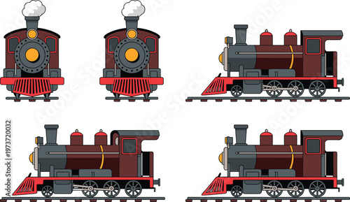 Steam locomotive illustration front and side views, classic train artwork, vintage railway engine design, transportation concept, cartoon style mechanical details