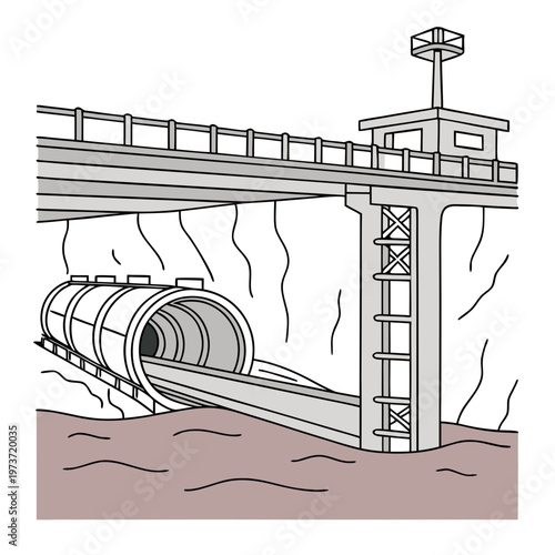 A line drawing of a bridge over a tunnel with a watchtower on the right side standing on a brown cliff
