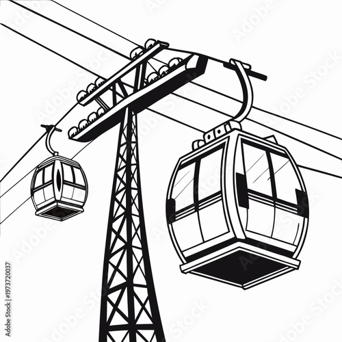 Black and white illustration of a cable car system with two gondolas suspended from cables on a tower