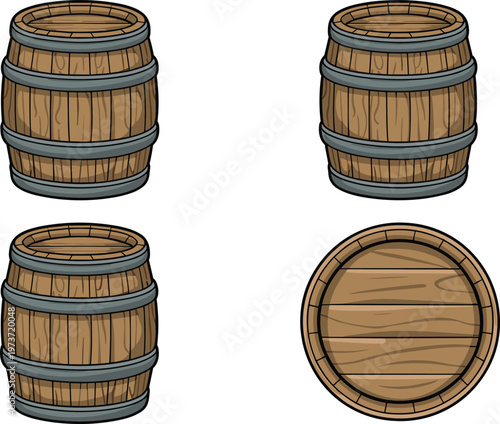 Wooden barrel illustration in multiple perspectives, rustic storage container artwork, cartoon design, wine and beer keg concept, vintage wood texture