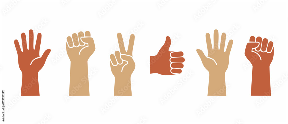 Fototapeta premium Human Hands Set Gesture Icons Showing Different Signs and Communication Signals for Social Media and UI Design Projects, Diverse Skin Tones Collection Showing Approval, Unity, Victory, and Stop Concep