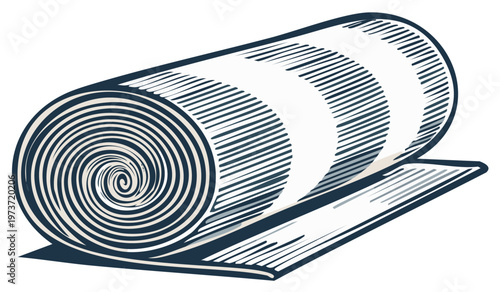 Engraved style illustration of a rolled mat, fitness or yoga mat, monochrome drawing style graphic resource